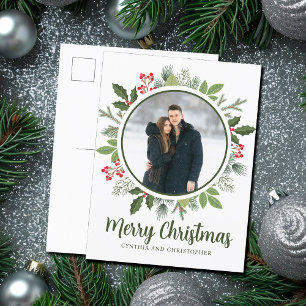 Chic Grönt Holly-julfransen Ett foto Helg Vykort