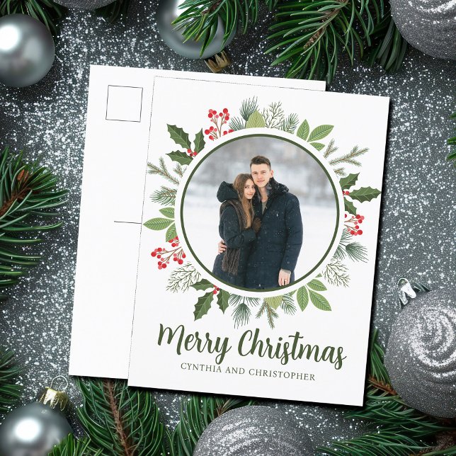 Chic Grönt Holly-julfransen Ett foto Helg Vykort (Skapare uppladdad)