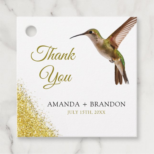 Chic Grönt Hummingbird och Guld Dust Bröllop Gåvor Etiketter (Framsida)