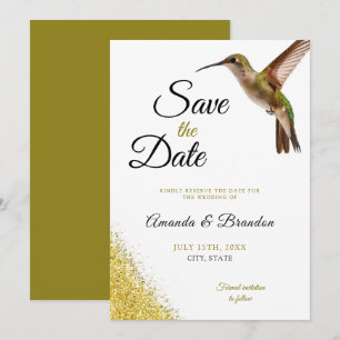 Chic Grönt Hummingbird och Guld Dust Bröllop Spara Datumet