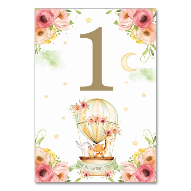 Chic Grönt Luftballong Baby djur Neutralt Bordsnummer (Framsidan)