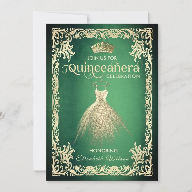 Chic grönt lyx guld dress tiara Quinceañera Inbjudningar (Framsida)