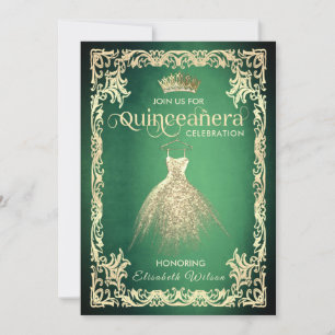 Chic grönt lyx guld dress tiara Quinceañera Inbjudningar