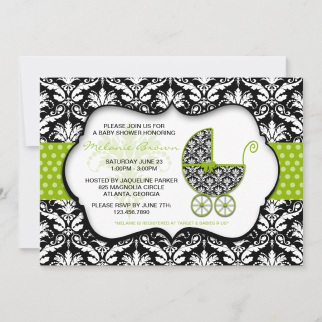 Chic Grönt Polka Dot Damask Baby Shower Inbjudan (Framsida)