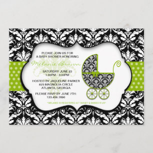 Chic Grönt Polka Dot Damask Baby Shower Inbjudan