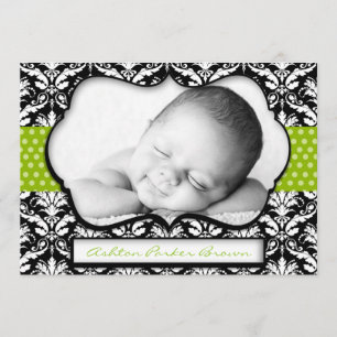 Chic Grönt Polka Dot Damask Birth Notice Meddelande