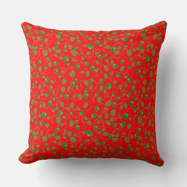 Chic Grönt Poppy Buds Mönster på Bright Red Kudde (Framsida)