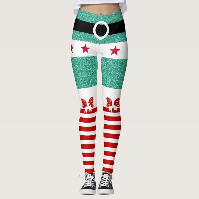 Chic Grönt Red White Rand jul Elf Leggings (Framsida)