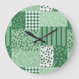 Chic Grönt Shamrocks Faux Patchwork Wall Clock Stor Klocka