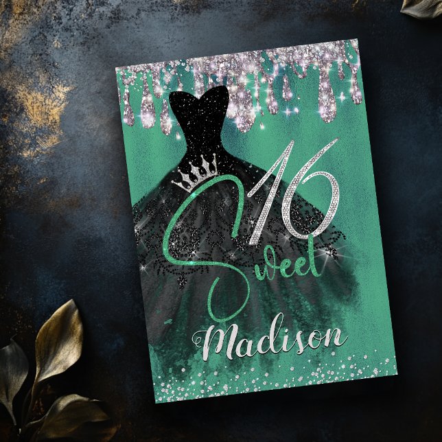 Chic grönt silver glitter droppar söt 16 inbjudnin inbjudningar (Skapare uppladdad)