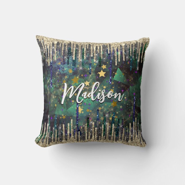 Chic grönt turkos guld glitter droppar monogram kudde (Framsida)