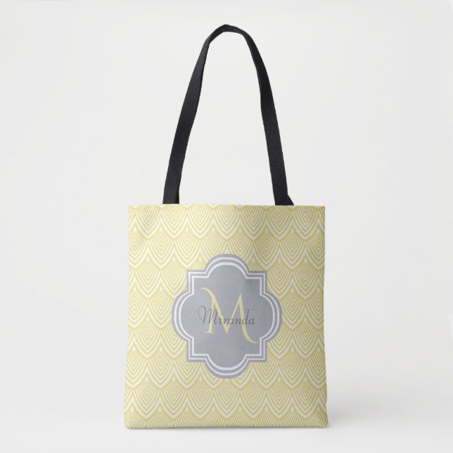 Chic gul Art Deco-skalbanker grått monogram namn Tygkasse (Framsida)