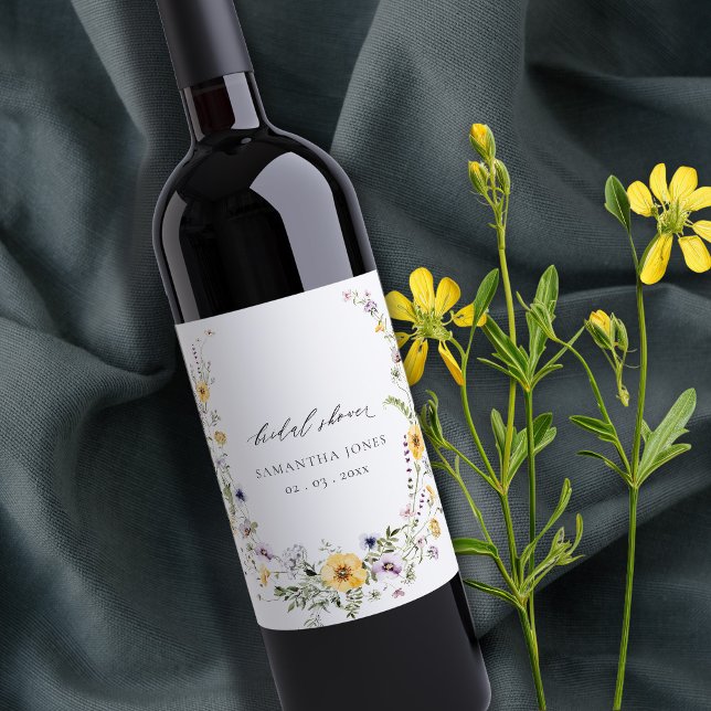 Chic gul syren vildblomma krans bröllopsfest vinflaska etikett (Skapare uppladdad)