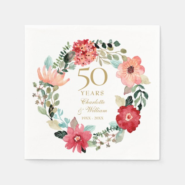 Chic Guld 50-års bröllopsfirande blomsterkrans Pappersservett (Framsidan)