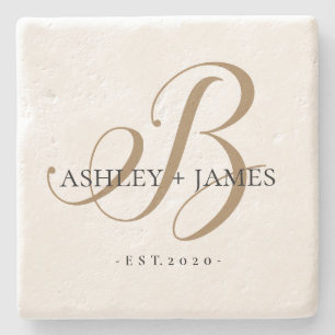 Chic Guld B Monogram Script Namn Bröllop Stenunderlägg