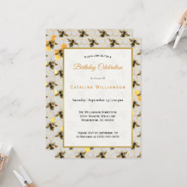 Chic Guld Bees Honeycomb Birthday Inbjudningar