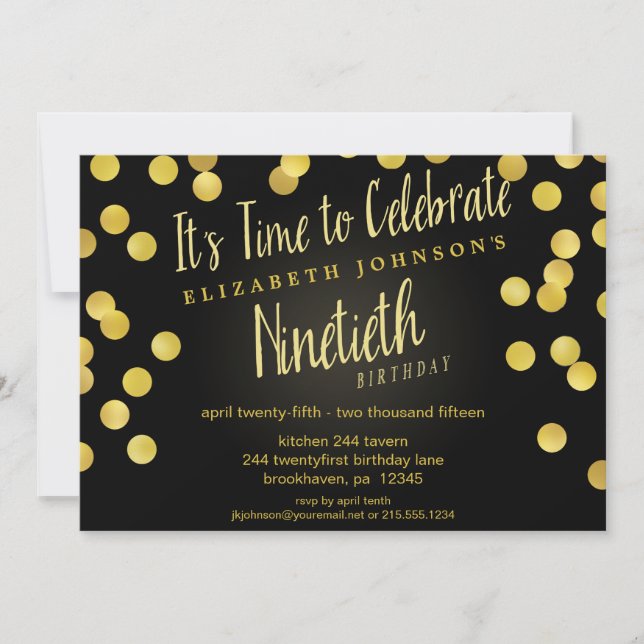 Chic Guld & Black Confetti 90:e födeldagen Inbjuda Inbjudningar (Framsida)