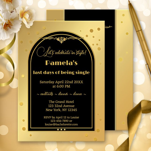 Chic Guld Black Confetti Bachelorette Party Inbjudningar (A classic gold and black bachelorette party invitation with sparkling gold confetti.)