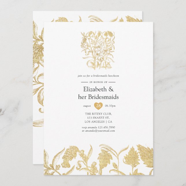 Chic Guld Blommigt Bridesmaids Luncheon Inbjudningar (Fram/baksida)
