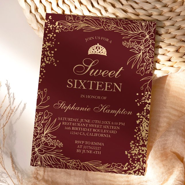 Chic guld blommigt burgundy Tiara chic Sweet 16 Inbjudningar (Skapare uppladdad)