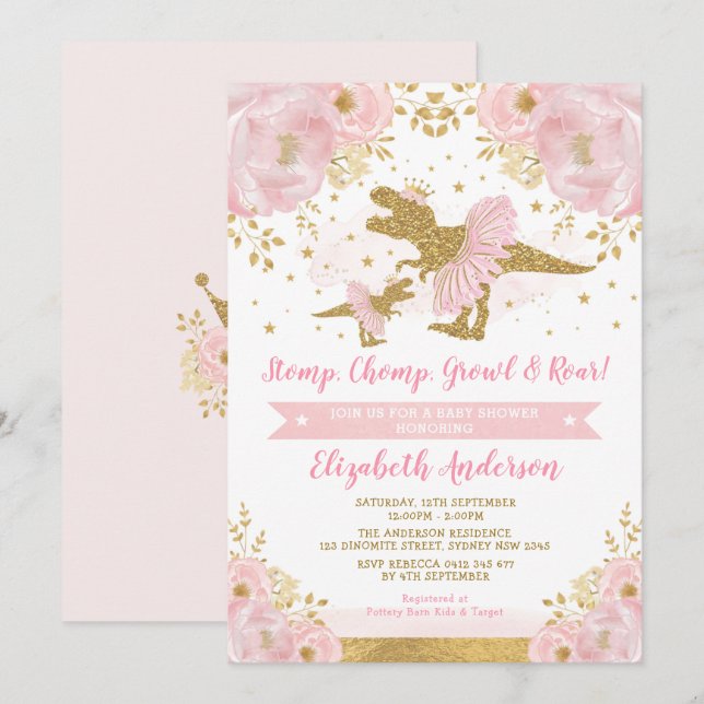 Chic  Guld Blommigt Dinosaur Girl Baby Shower Inbjudningar (Fram/baksida)