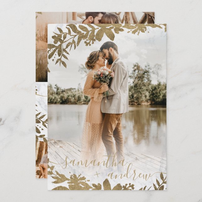 Chic guld blommigt marble-skript 5 foton bröllop inbjudningar (Fram/baksida)