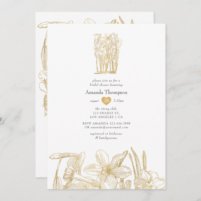 Chic Guld Blommigt Möhippa Inbjudningar (Fram/baksida)