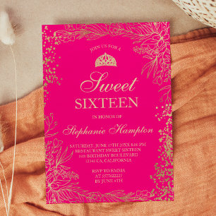 Chic guld blommigt nyare rosa Tiara chic Sweet 16 Inbjudningar