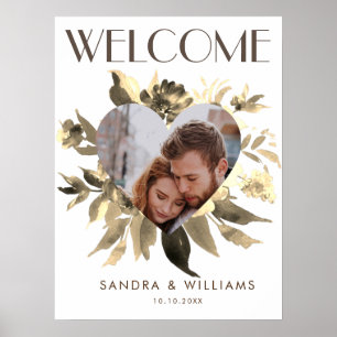 Chic Guld Blommigt Utandning Hjärtfoto Välkomsthäl Poster