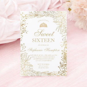 Chic guld blommigt vit Tiara chic Söt 16 Inbjudningar