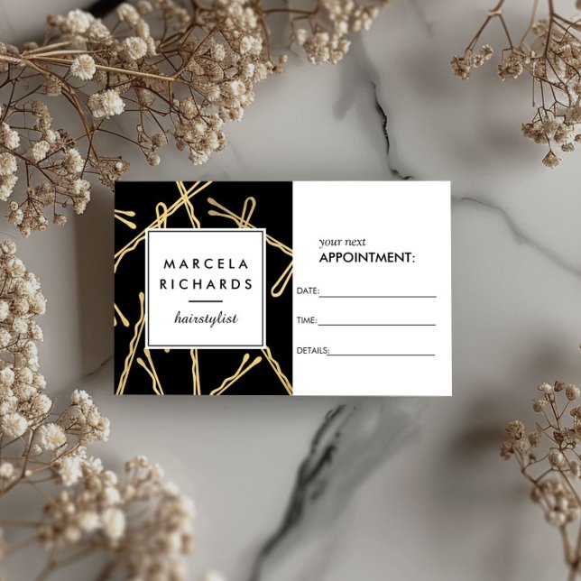 Chic Guld Bobby Stift Hair Salon Black Möte Tidsbeställning Kort (Skapare uppladdad)