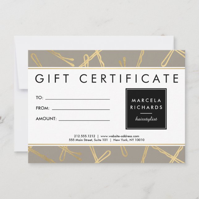 Chic Guld Bobby Stift Hair Stylist Grått Gift Card (Framsida)