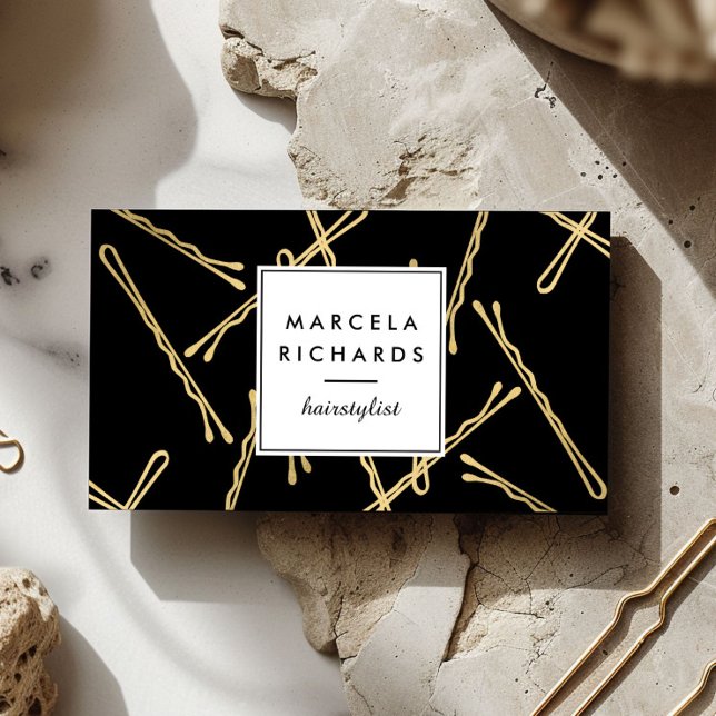 Chic Guld Bobby Stift Hair Stylist Salon Black Visitkort (Skapare uppladdad)