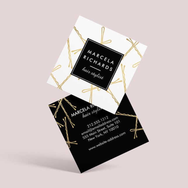 Chic Guld Bobby Stift Hair Stylist Salon Fyrkantigt Visitkort (Skapare uppladdad)