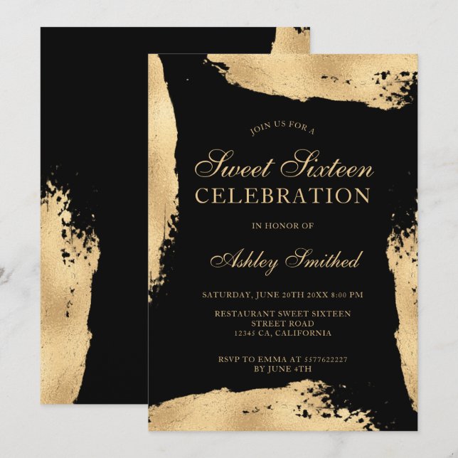 Chic guld borstlinda metallfolie sweet sixteen inbjudningar (Fram/baksida)
