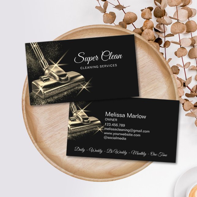 Chic Guld Bostad Kommersiellt Husstädning Visitkort (GOLD GLITTER VACUUM CLEANER BUSINESS CARD DESIGN)