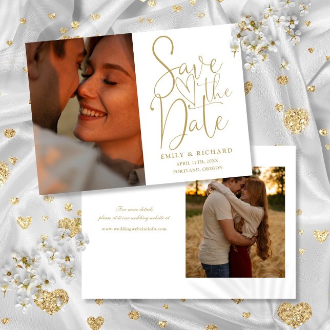 Chic Guld Bröllop 2 Foto Elegant Skrift Spara Datumet (Chic Gold Wedding 2 Photo Elegant Script Save The Date)