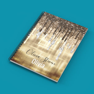 Chic guld brunborsborrar glitter monogram bärbara anteckningsbok