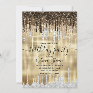 Chic guld brunborst, glitter, alla ålders monogram inbjudningar