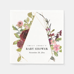 CHIC GULD  BURGUNDY RO-BLOMMIGT BABY SHOWER PAPPERSSERVETT