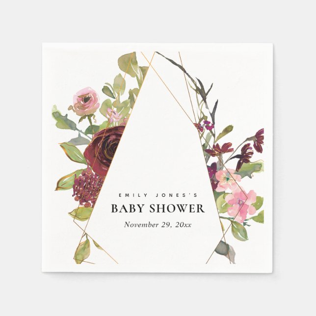 CHIC GULD  BURGUNDY RO BLOMMIGT BABY SHOWER PAPPERSSERVETT (Framsidan)