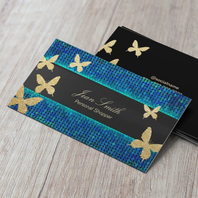 Chic Guld Butterflies Teal & Blue Personal Shopper Visitkort (Skapare uppladdad)