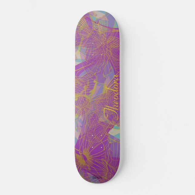 Chic Guld Butterfly Aqua Violet Mönster Mini Skateboard Bräda 18,5 Cm (Framsida)