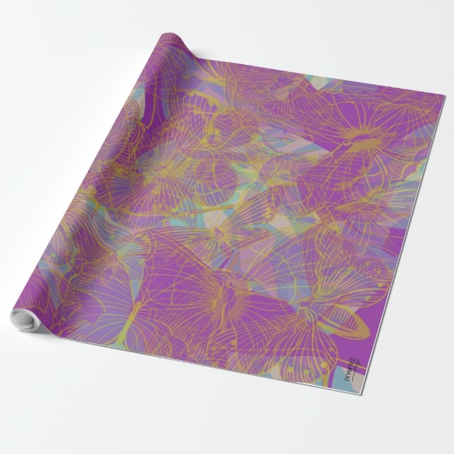 Chic Guld Butterfly Aqua Violet Presentpapper (Utrullad)