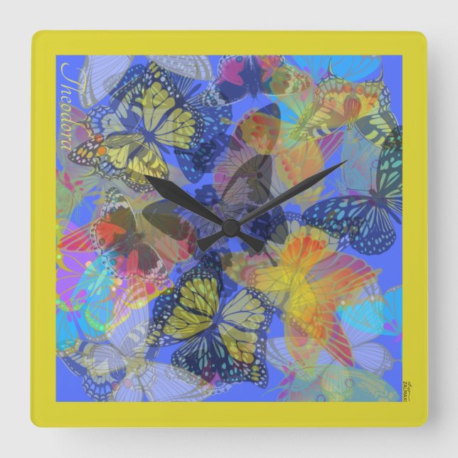 Chic Guld Butterfly Bleu Gult Fyrkantig Klocka (Framsida)