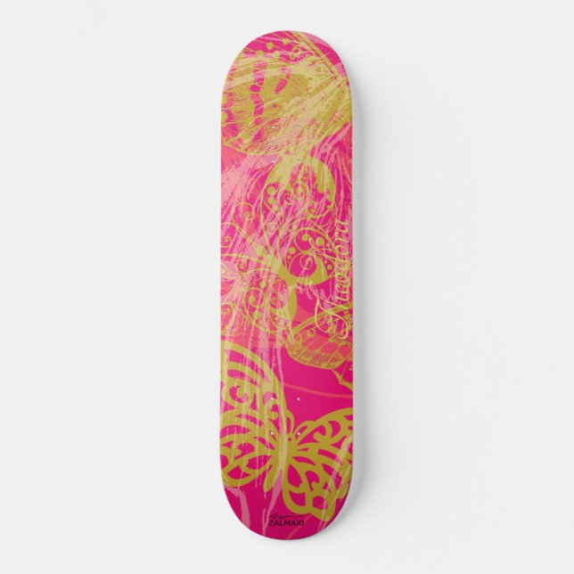 Chic Guld Butterfly Fuchsia Mini Skateboard Bräda 18,5 Cm (Framsida)