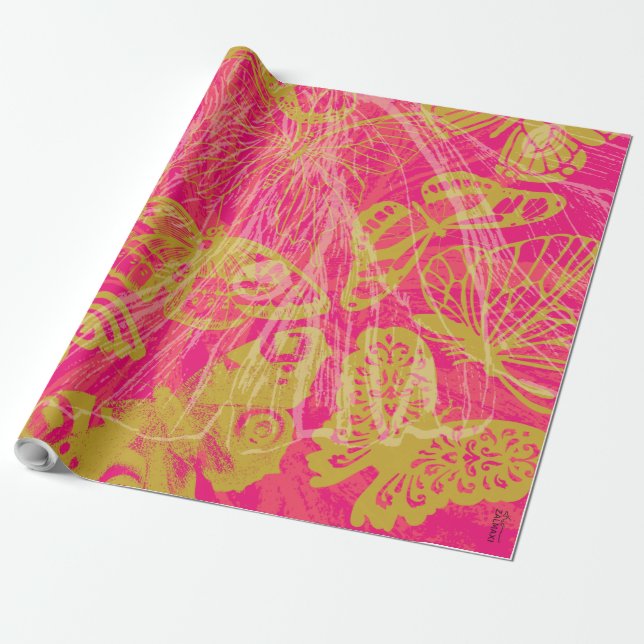 Chic Guld Butterfly Fuchsia Presentpapper (Utrullad)