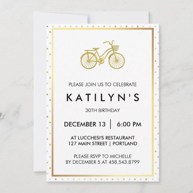 Chic guld- cykel med guld- och silverpolka dots inbjudningar (Framsida)