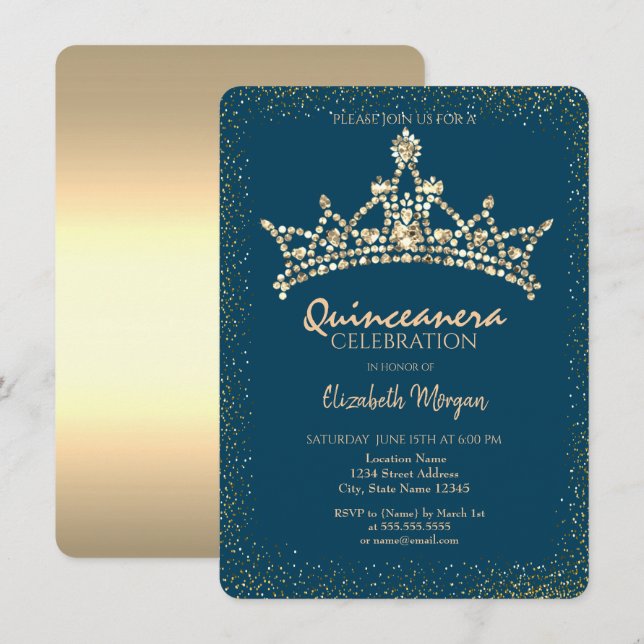 Chic guld diamanter krona blå Quinceañera  Inbjudningar (Fram/baksida)