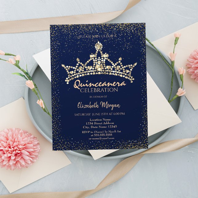 Chic guld diamanter krona marinblå Quinceañera  Inbjudningar (Skapare uppladdad)
